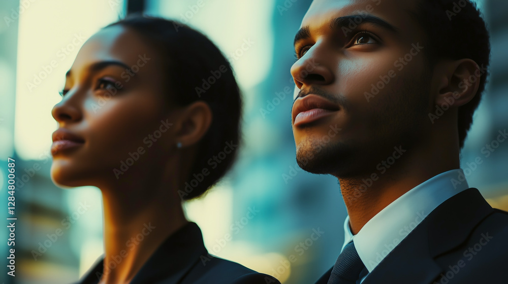 Two professionals, a man and a woman, stand side by side looking optimistically at a future of potential success. Two professionals, a man and a woman, stand side by side looking optimistically at a future of potential success.