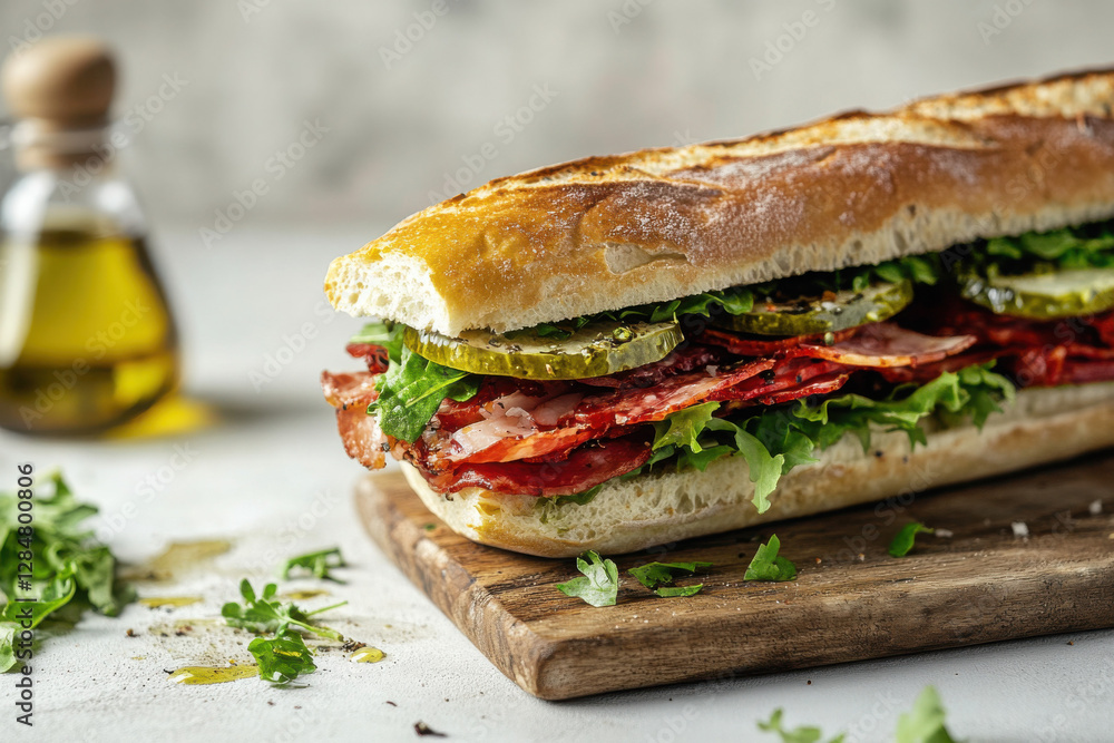 Delicious sub sandwich with layers of cured meats, pickles, and fresh lettuce on a wooden board, accompanied by herbs and olive oil. Delicious sub sandwich with layers of cured meats, pickles, and fresh lettuce on a wooden board, accompanied by herbs and olive oil.
