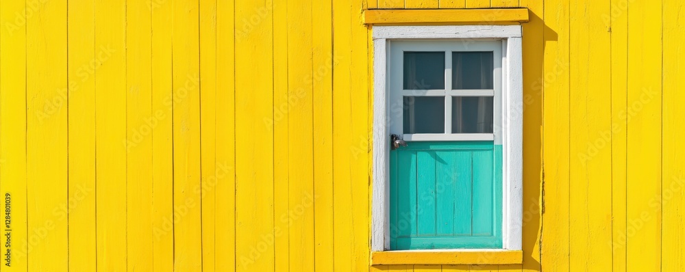Bright yellow wall with vibrant blue door against clear sky background Bright yellow wall with vibrant blue door against clear sky background