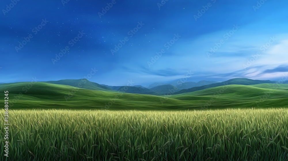 Fototapeta premium Serene landscape showcasing lush green fields under a twilight sky with distant mountains