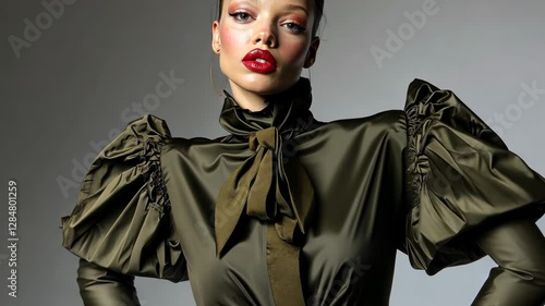 Fashion Model in Olive Green Puff Sleeve Blouse