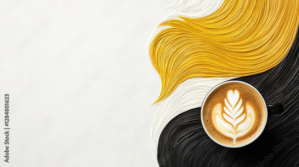 Fototapeta premium Coffee sits atop saucer beside painting woman's face