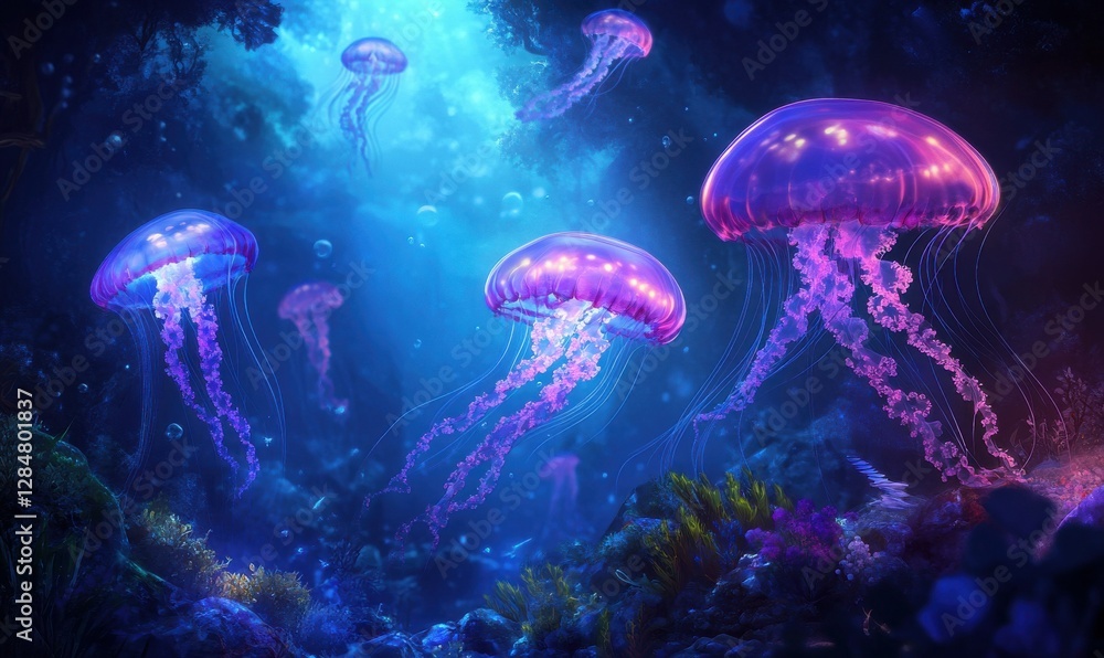 Obraz premium Glowing jellyfish floating gracefully underwater, vibrant translucent tentacles softly lit against a deep blue aquatic backdrop