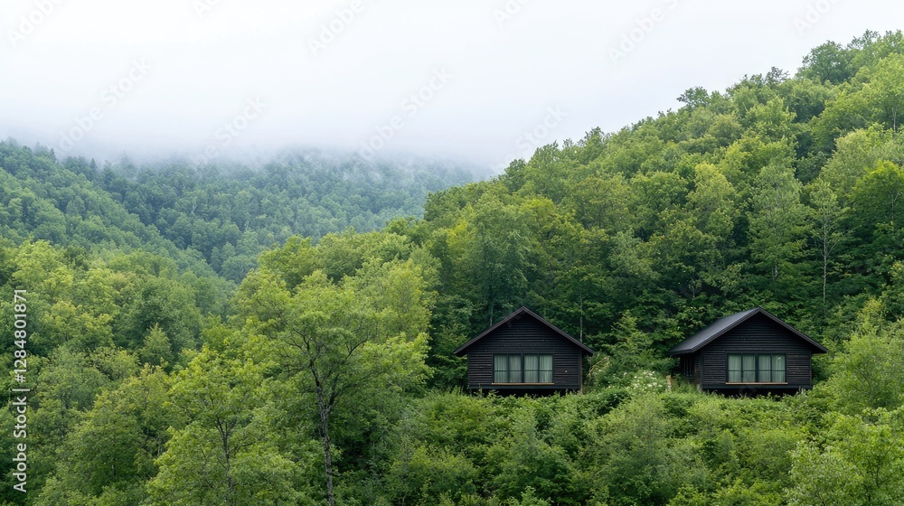 Misty mountaintop cabins nestled in forest. Possible use Stock photo for travel, nature, or vacation imagery Misty mountaintop cabins nestled in forest. Possible use Stock photo for travel, nature, or vacation imagery