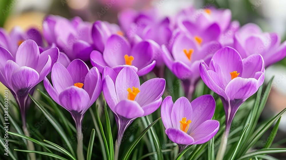 A zoomed-in photo of a group of purple blossoms with green leaves in the foreground and a hazy backdrop A zoomed-in photo of a group of purple blossoms with green leaves in the foreground and a hazy backdrop