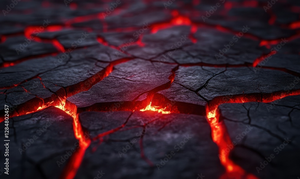 Dramatic cracked volcanic ground with glowing red lava visible through the fractures, radiating intensity and heat Dramatic cracked volcanic ground with glowing red lava visible through the fractures, radiating intensity and heat