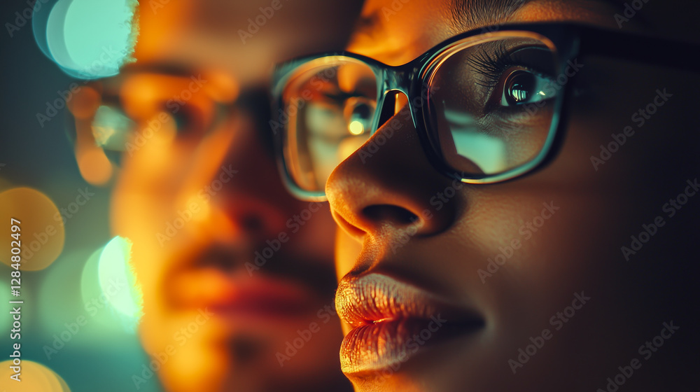 Portrait of two people wearing spectacles, looking toward the future with a focused and determined gaze in soft, warm light. Portrait of two people wearing spectacles, looking toward the future with a focused and determined gaze in soft, warm light.