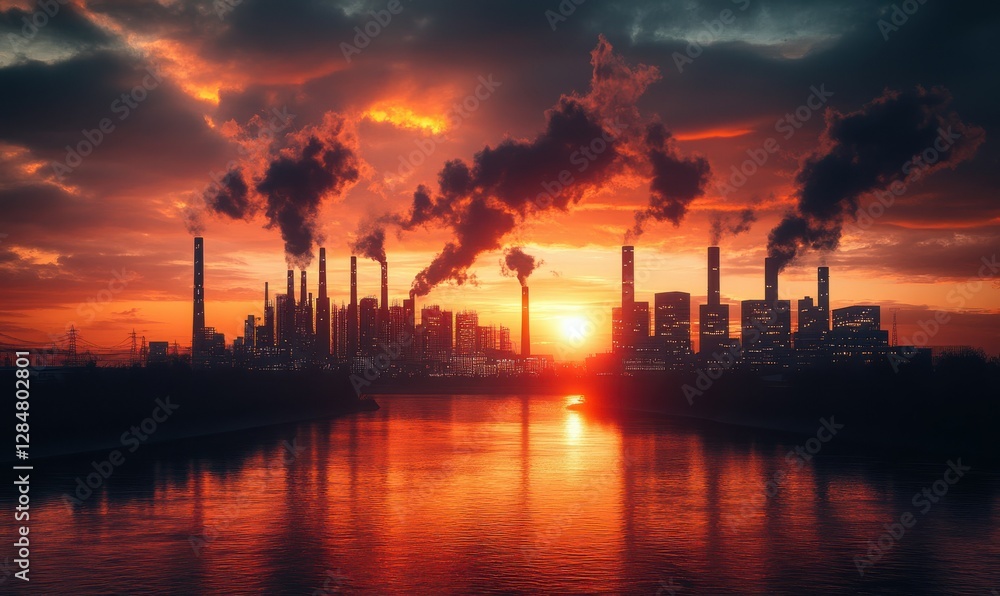 Dramatic industrial skyline glowing under intense orange sunset hues, symbolizing progress and technology Dramatic industrial skyline glowing under intense orange sunset hues, symbolizing progress and technology