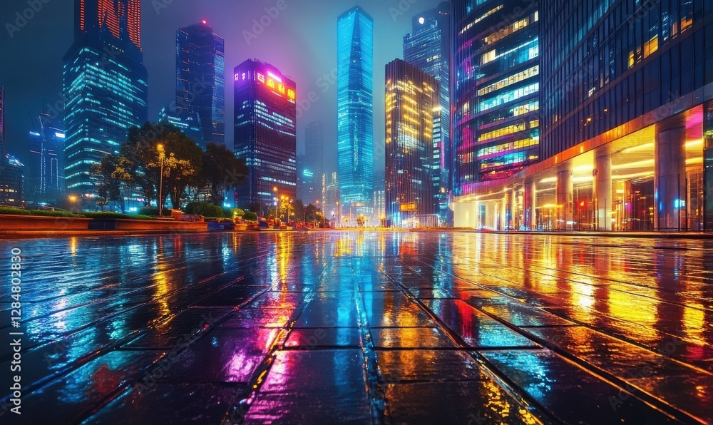 Dramatic night view of a modern city with tall illuminated skyscrapers, vibrant reflections on wet streets, soft ambient neon lights creating a futuristic atmosphere, Dramatic night view of a modern city with tall illuminated skyscrapers, vibrant reflections on wet streets, soft ambient neon lights creating a futuristic atmosphere,