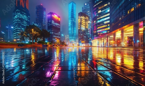 Wallpaper Mural Dramatic night view of a modern city with tall illuminated skyscrapers, vibrant reflections on wet streets, soft ambient neon lights creating a futuristic atmosphere, Torontodigital.ca