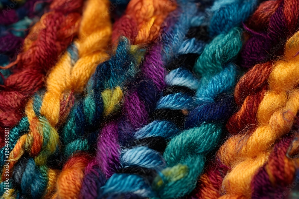 Vibrant Textile Fabric Weaving with Colorful Fibers in Macro Photography Vibrant Textile Fabric Weaving with Colorful Fibers in Macro Photography