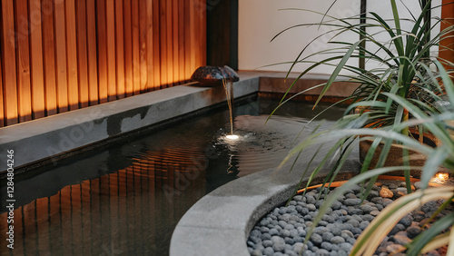 Modern stone fountain creates gentle cascade into dark pond, surrounded by pebbles and greenery. Sophisticated spa setting with warm wooden backdrop lighting. Concept: luxury spa, zen garden, wellness