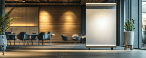 Modern conference room with blank roll-up banner in office setting