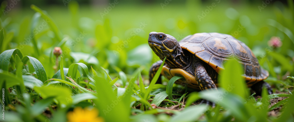 Turtle crawling through lush green grass, exuding a calm and serene feeling in a sunlit environment surrounded by vibrant wildflowers Turtle crawling through lush green grass, exuding a calm and serene feeling in a sunlit environment surrounded by vibrant wildflowers