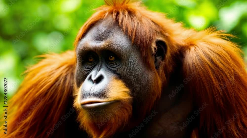 Close-Up of Orangutan Face with Red Fur in Green Jungle Close-Up of Orangutan Face with Red Fur in Green Jungle