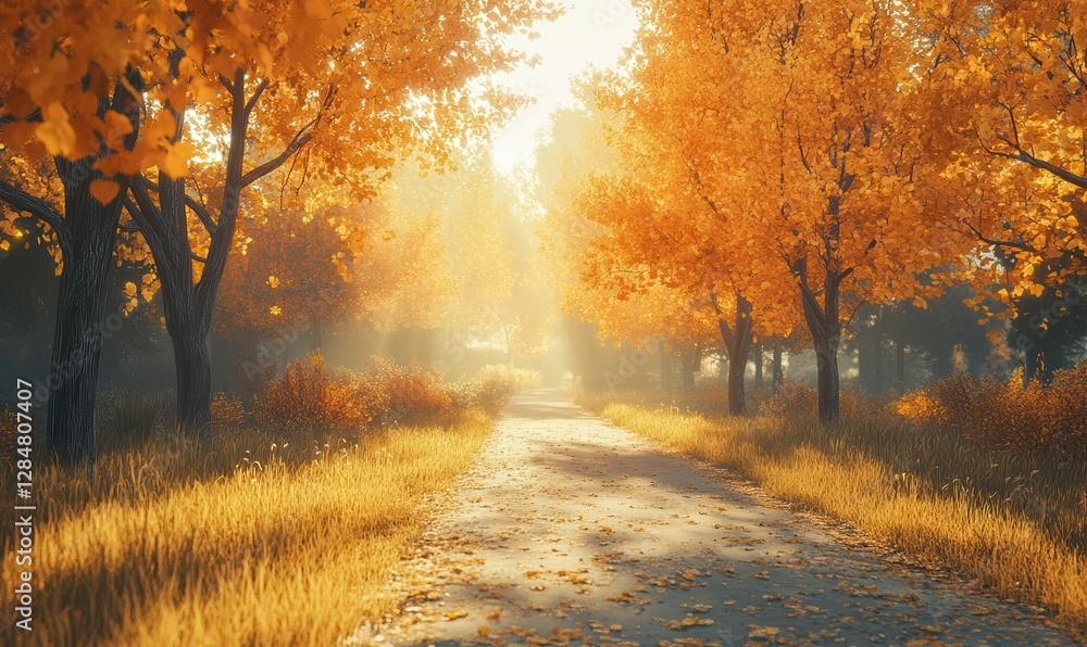 Fototapeta premium Majestic autumn scene with glowing orange trees lining a peaceful path under soft golden sunlight. Crisp details and rich hues evoke serenity,