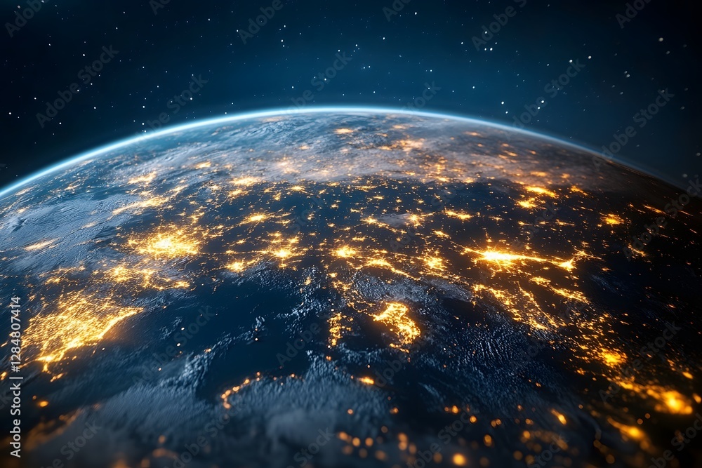 Obraz premium Global City Lights: A breathtaking view of Earth from space, showcasing the vibrant glow of city lights illuminating the continents against a backdrop of a star-studded cosmos.