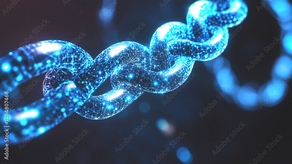 Digital Chain of Security: A close-up view of a futuristic, glowing digital chain, representing the interconnectedness and security of data, against a blurred dark background. Digital Chain of Security: A close-up view of a futuristic, glowing digital chain, representing the interconnectedness and security of data, against a blurred dark background.
