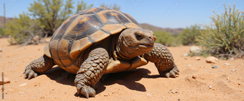 Fototapeta premium Turtle walking on sandy terrain under the bright sun, showcasing its distinctive shell patterns and rugged texture, surrounded by sparse desert vegetation