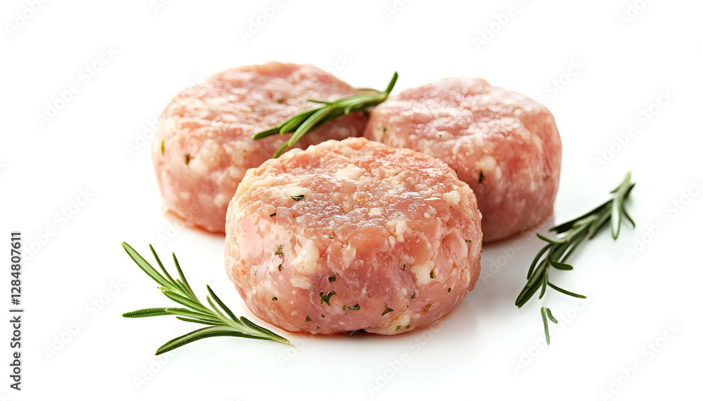 Raw cutlets or meatballs isolated on white background, close up. Chicken meat cutlet Raw cutlets or meatballs isolated on white background, close up. Chicken meat cutlet