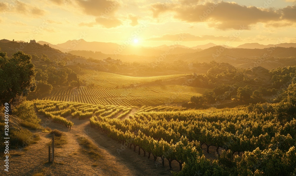 Fototapeta premium picturesque vineyard stretching across rolling hills under a golden sunset, rows of grapevines glowing in the warm light, embodying the spirit of winemaking