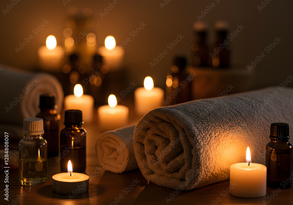 A cozy spa scene with essential oils, candles, and a warm towel A cozy spa scene with essential oils, candles, and a warm towel