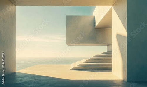 Minimalist architectural composition featuring smooth geometric forms  illuminated by soft natural light with clean shadows 