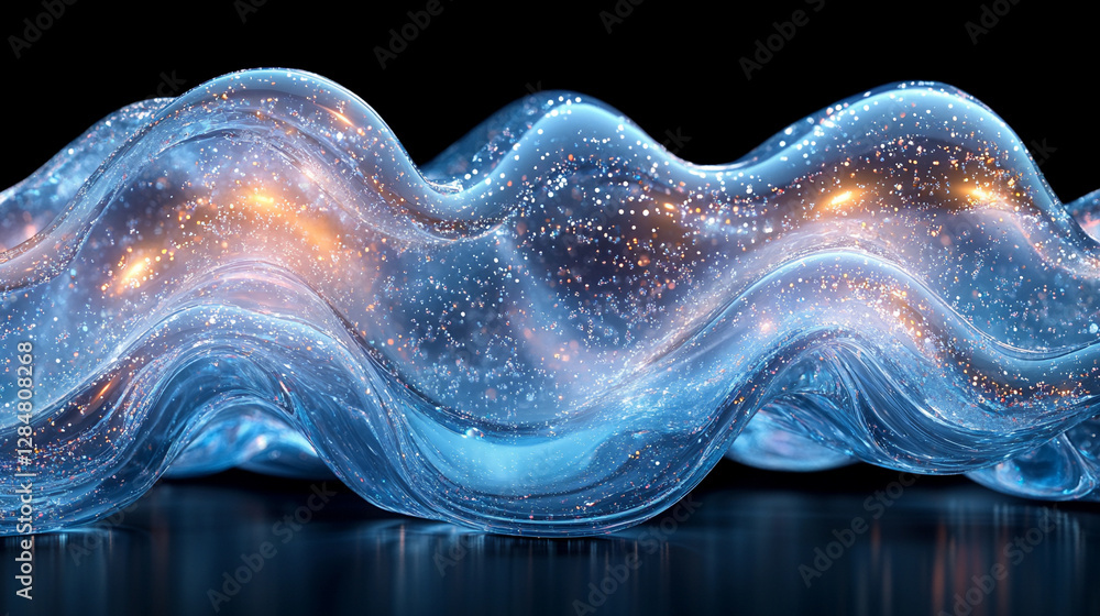 Fototapeta premium A 3D crystal glass liquid wave with refraction and holographic effect, creating a fluid splash with a rainbow gradient, isolated against a dark background. Modern, dynamic wave rendering