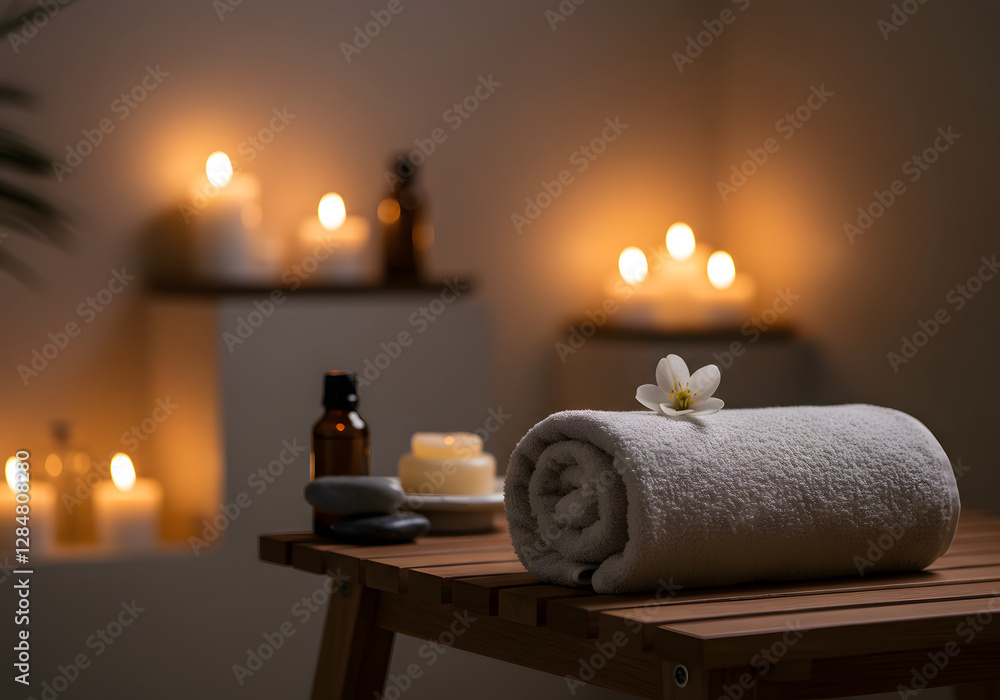 A cozy spa scene with essential oils, candles, and a warm towel A cozy spa scene with essential oils, candles, and a warm towel
