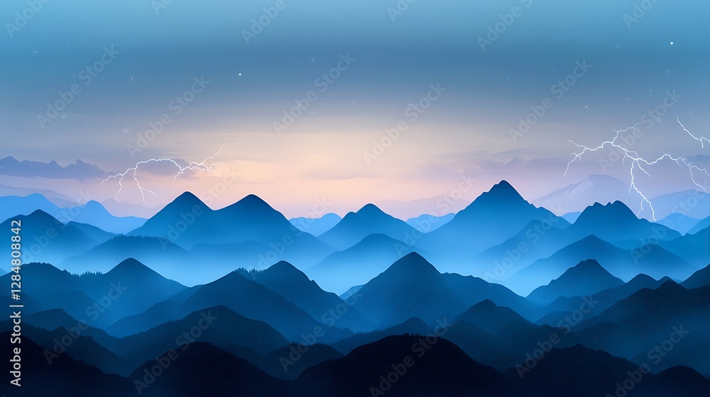 Obraz premium Serene Mountain Landscape at Dusk with Distant Lightning and Soft Blue Hues