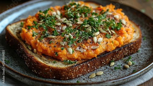   A plate featuring a slice of buttered toast, sprinkled with chopped parsley
