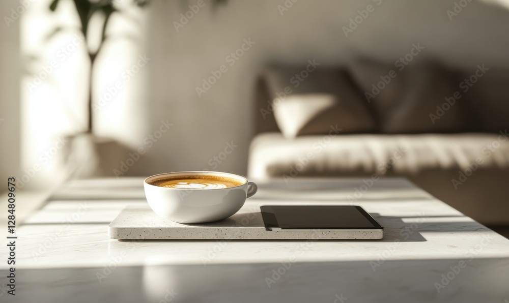 Minimalist coffee table with a fresh cup of espresso and a sleek tablet, evoking a modern lifestyle. Minimalist coffee table with a fresh cup of espresso and a sleek tablet, evoking a modern lifestyle.