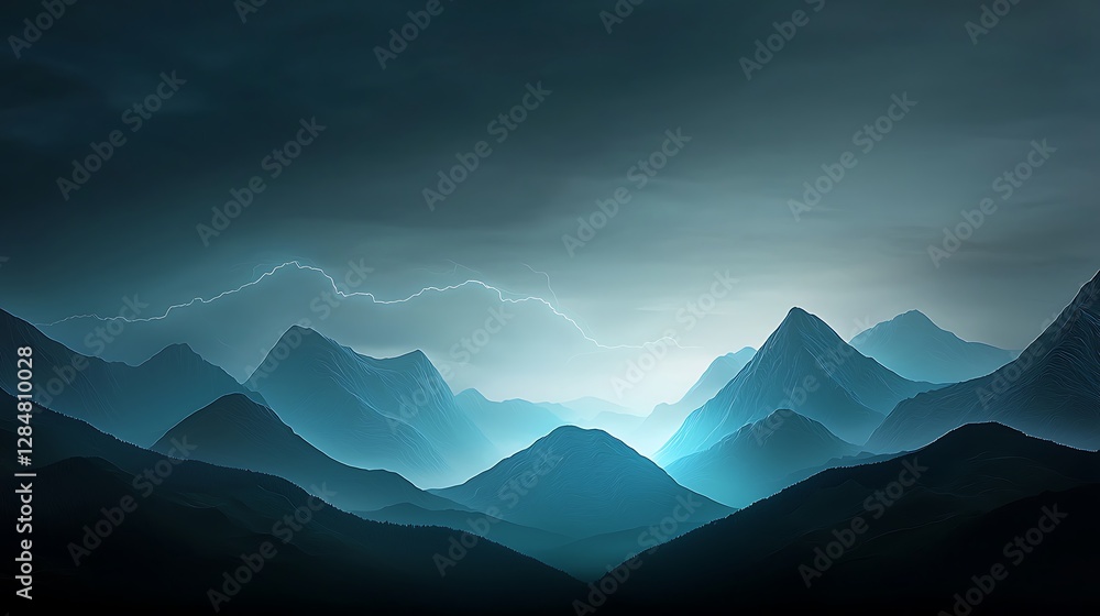 Fototapeta premium Serene mountain landscape under a dramatic sky illuminated by distant lightning strikes