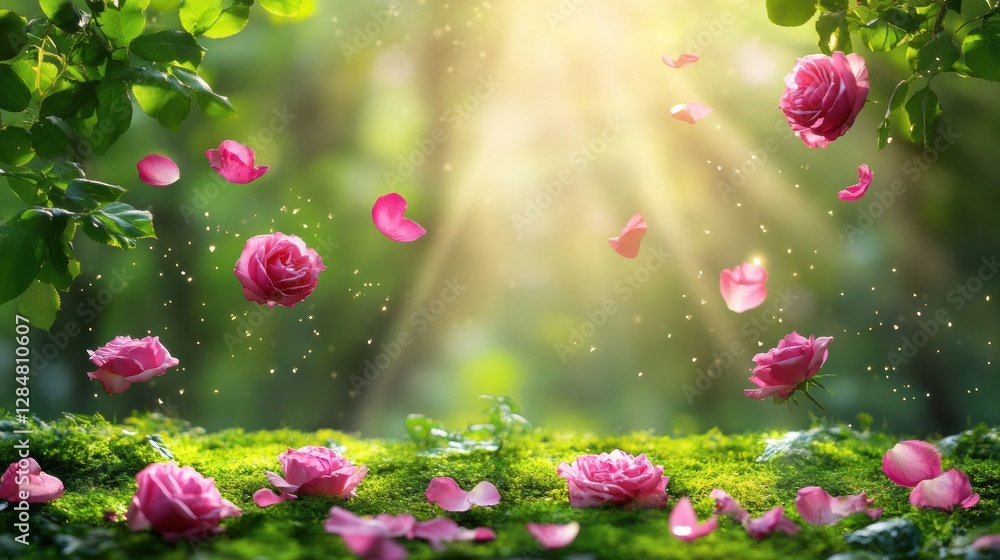 Beautiful pink roses on green background with floating petals in soft sunlight. Space for text Beautiful pink roses on green background with floating petals in soft sunlight. Space for text