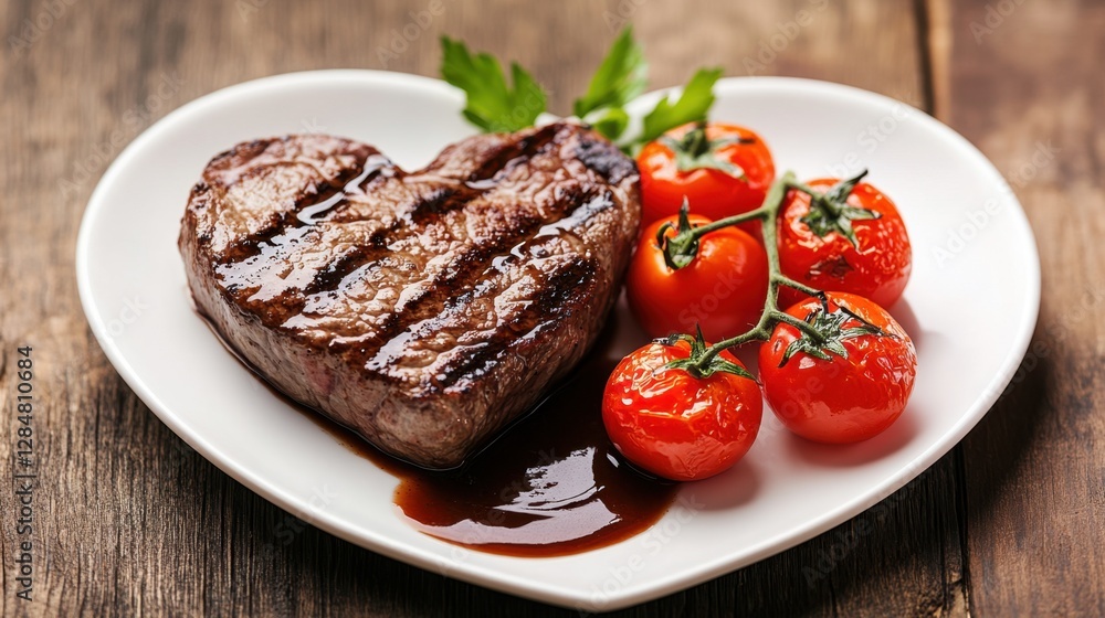 A heart-shaped plate with a perfectly cooked steak, cherry tomatoes, and a swirl of rich demi-glace sauce A heart-shaped plate with a perfectly cooked steak, cherry tomatoes, and a swirl of rich demi-glace sauce