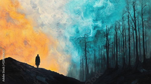 Surreal digital painting of a lone figure standing on a hill, facing a dramatic contrast between warm orange light and a cold, eerie blue forest