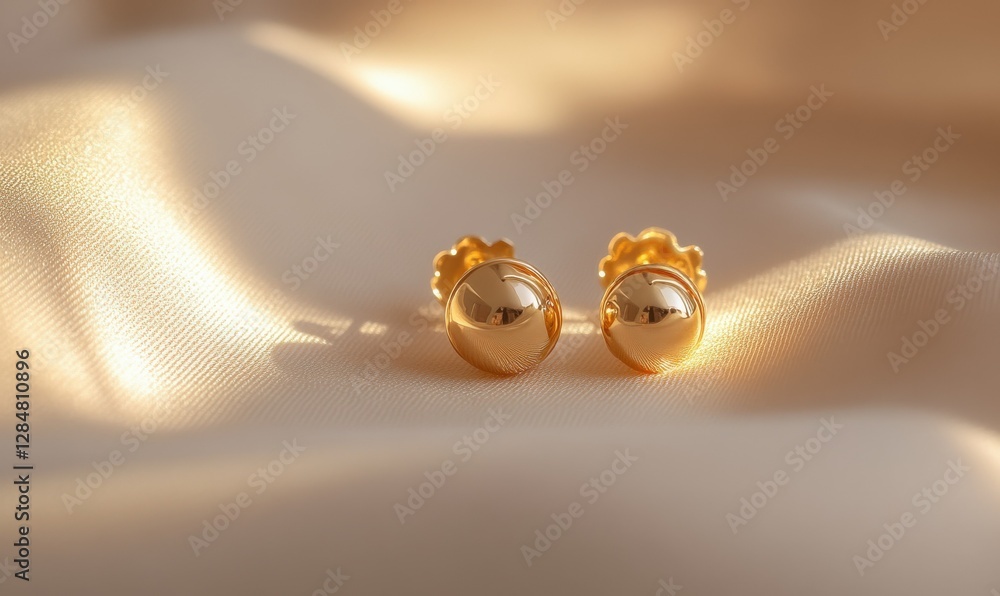 Obraz premium Minimalist display of golden earrings placed on a soft beige background, illuminated by subtle glowing light, creating a luxurious and modern jewelry composition