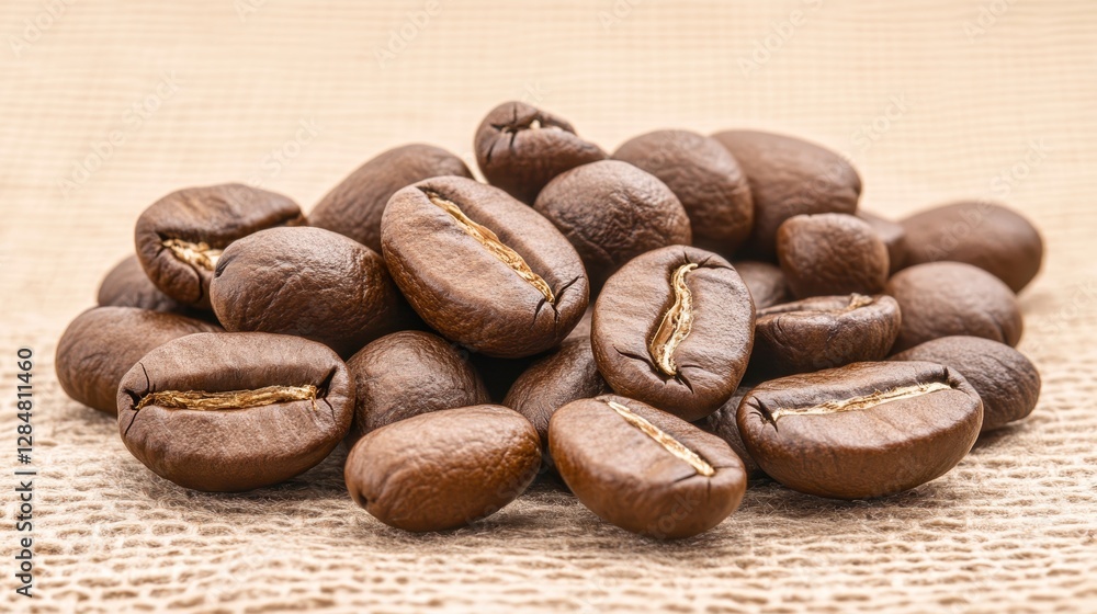 Naklejka premium Roasted coffee beans scattered over rough burlap, revealing deep brown colors and rustic texture, representing authentic artisan coffee preparation
