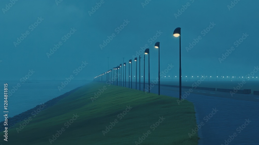 Obraz premium A long stretch of road lined with streetlights, fading into the distance at night