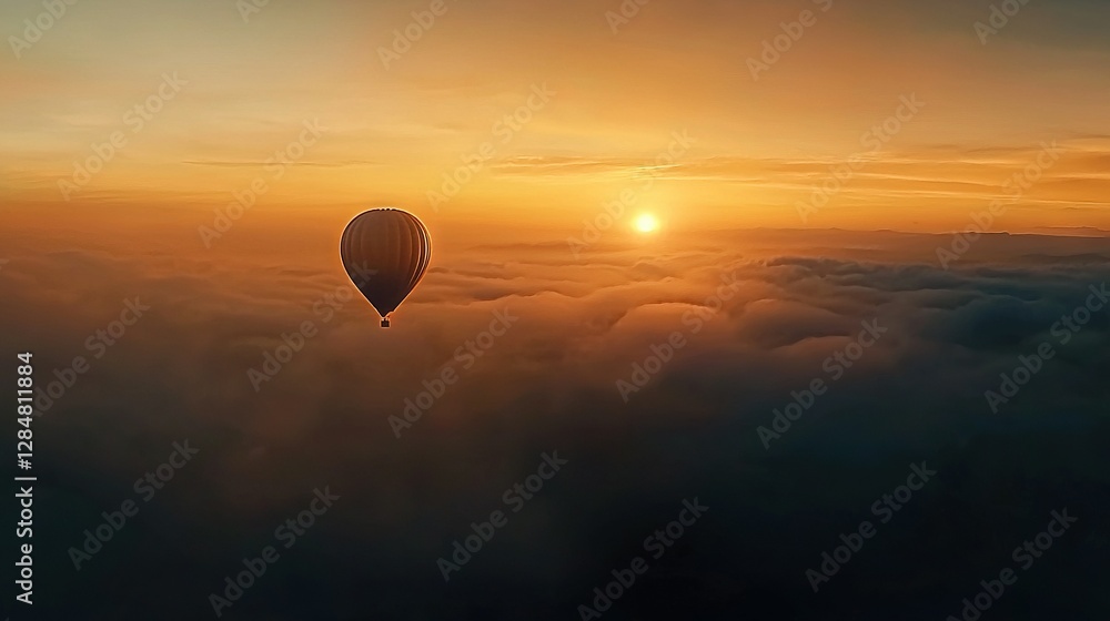 Hot air balloon soaring above clouds during sunset with distant sun Hot air balloon soaring above clouds during sunset with distant sun