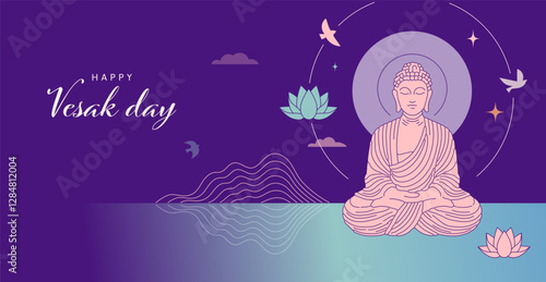 Buddha Purnima, Vesak Day concept design with Buddha and lotus illustration, abstract background, banner, poster and flyer with color gradient