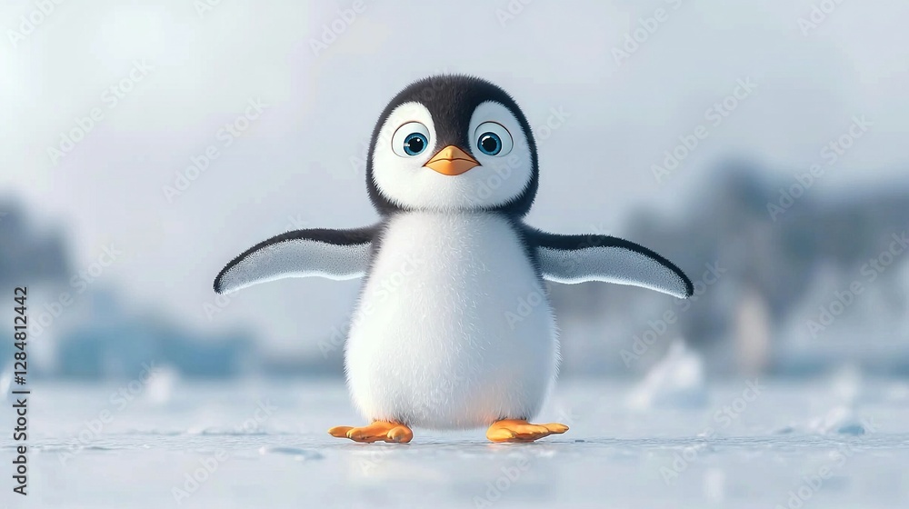 Obraz premium A penguin stands on ice with arms spread, eyes wide open to camera