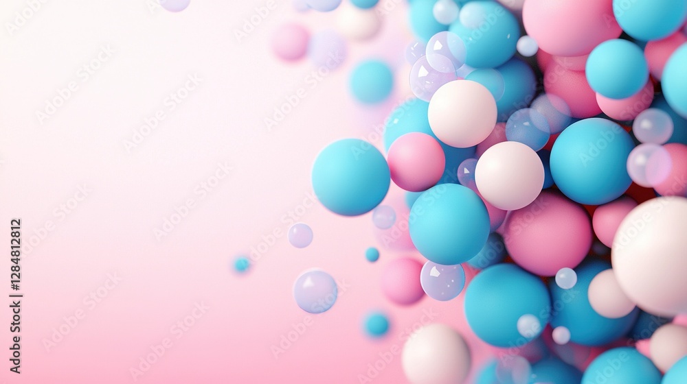 A sea of blue, pink, and white balloons drift through the sky against a backdrop of vibrant pink A sea of blue, pink, and white balloons drift through the sky against a backdrop of vibrant pink