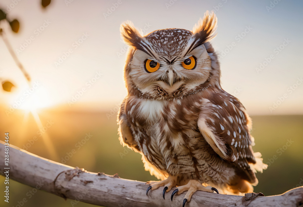 Naklejka premium Sunlit Owl Perched with Raised Ear Tufts on Branch
