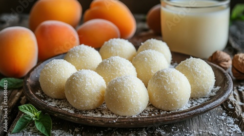 Wallpaper Mural Apricot Coconut Truffles on Plate, Wooden Table, Creamy Drink Background Torontodigital.ca