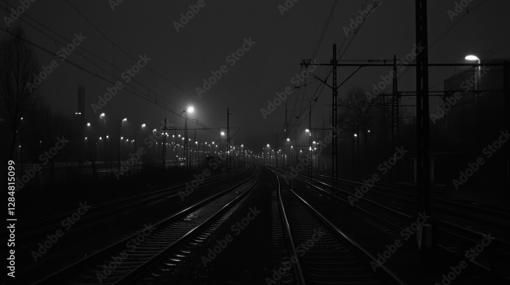 Fototapeta premium A railway track at night with distant streetlights in the background
