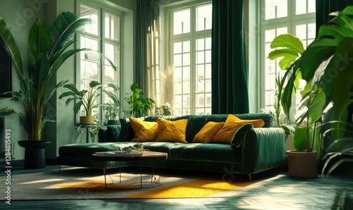 Minimalist luxury living room with a dark green velvet sofa, mustard yellow cushions, and tall indoor plants, warm natural light streaming through large windows,