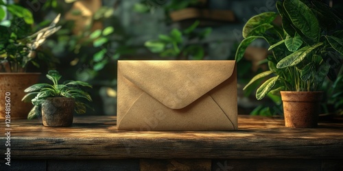 Envelop on Wooden Table with Lush Greenery