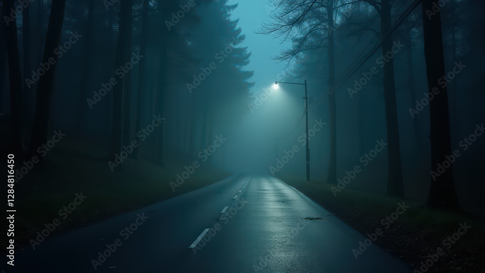 Obraz premium Slippery road sign, Reflective slippery road sign under dim streetlight in foggy forest at night front view tense atmosphere