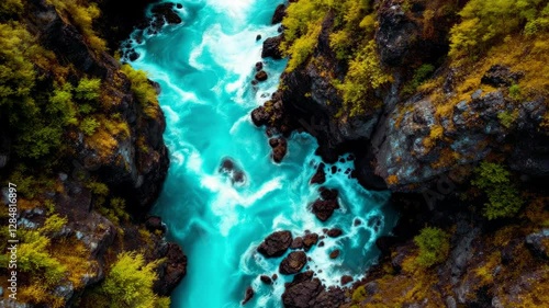 Aerial View of a Turquoise River Carving Through a Rocky Canyon